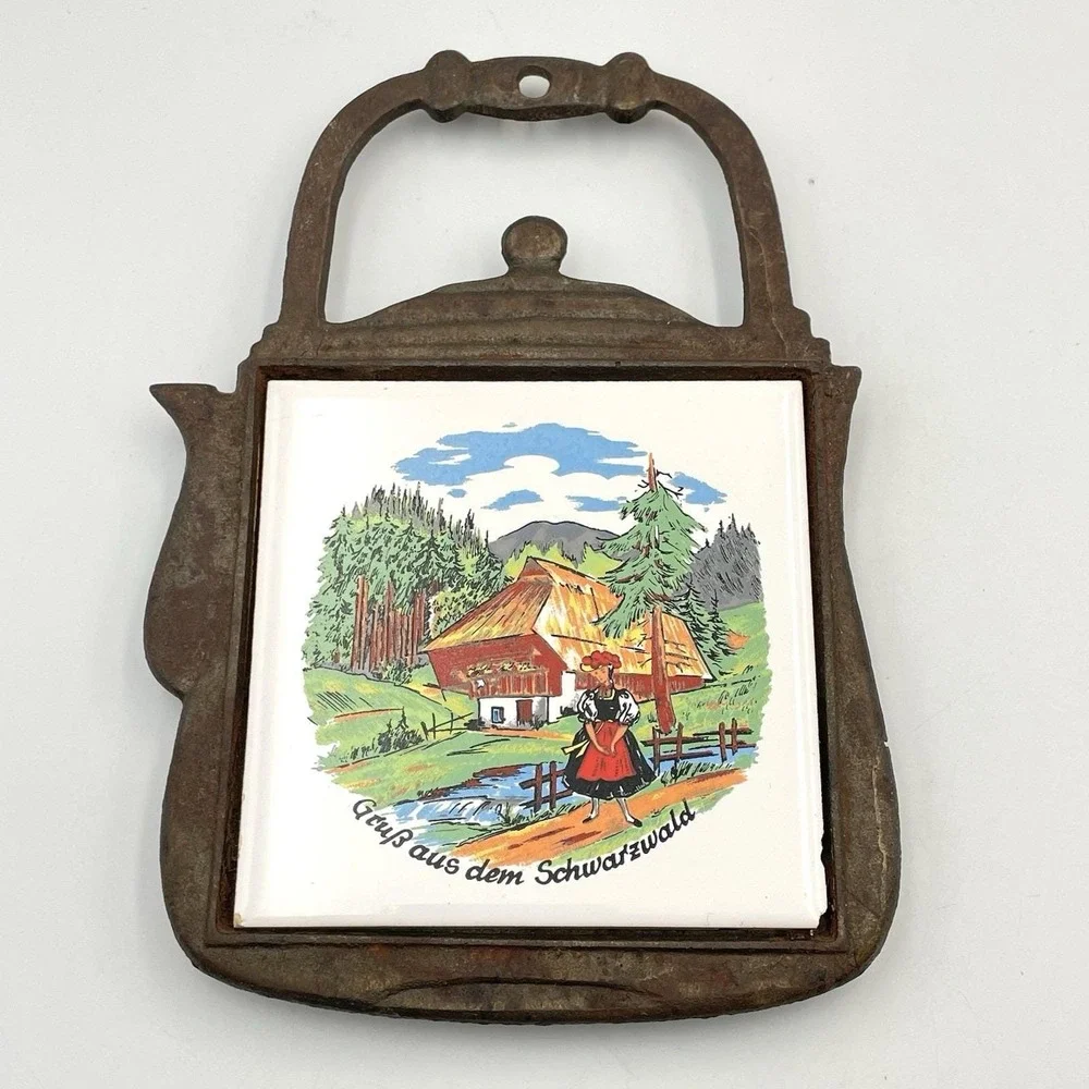 Vintage‎ 1960s Cast Iron Tile Trivet German Black Forest Schwarzwald